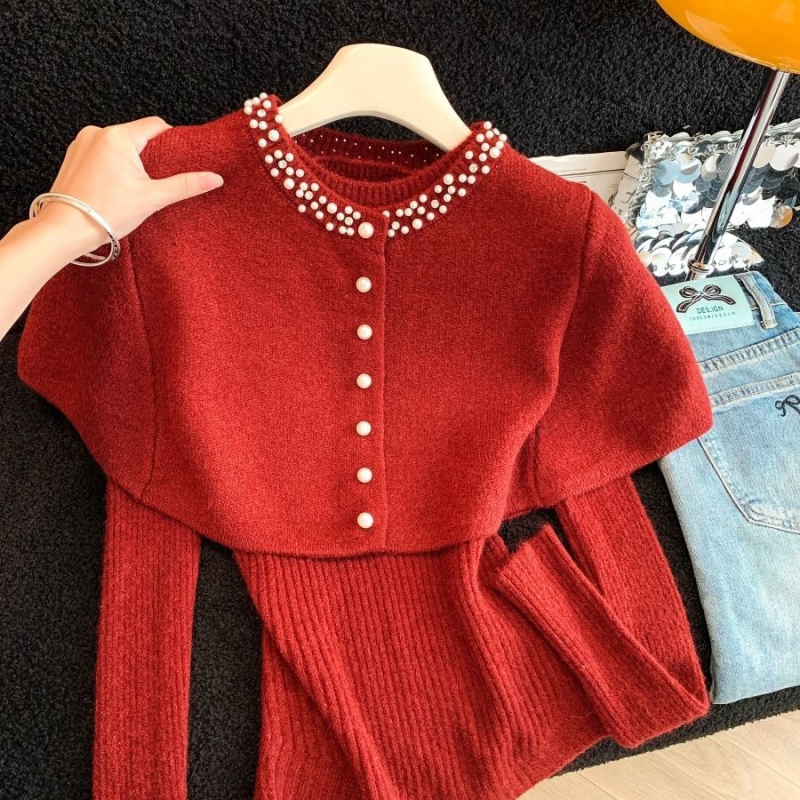 Top-set pleteni komplet — ovčja vuna, dugi rukavi, proljeće, zreli ženski stil