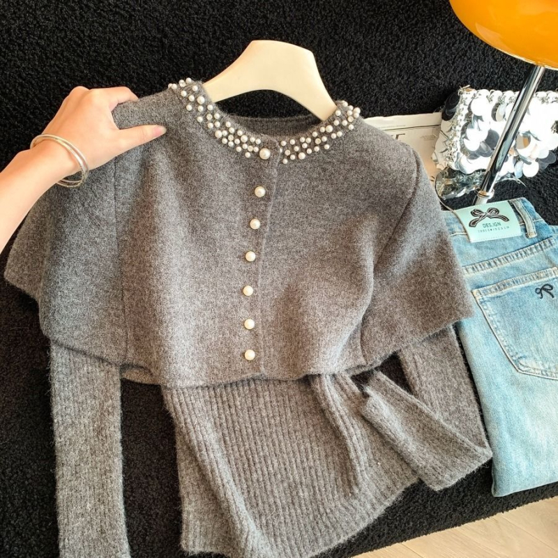 Top-set pleteni komplet — ovčja vuna, dugi rukavi, proljeće, zreli ženski stil