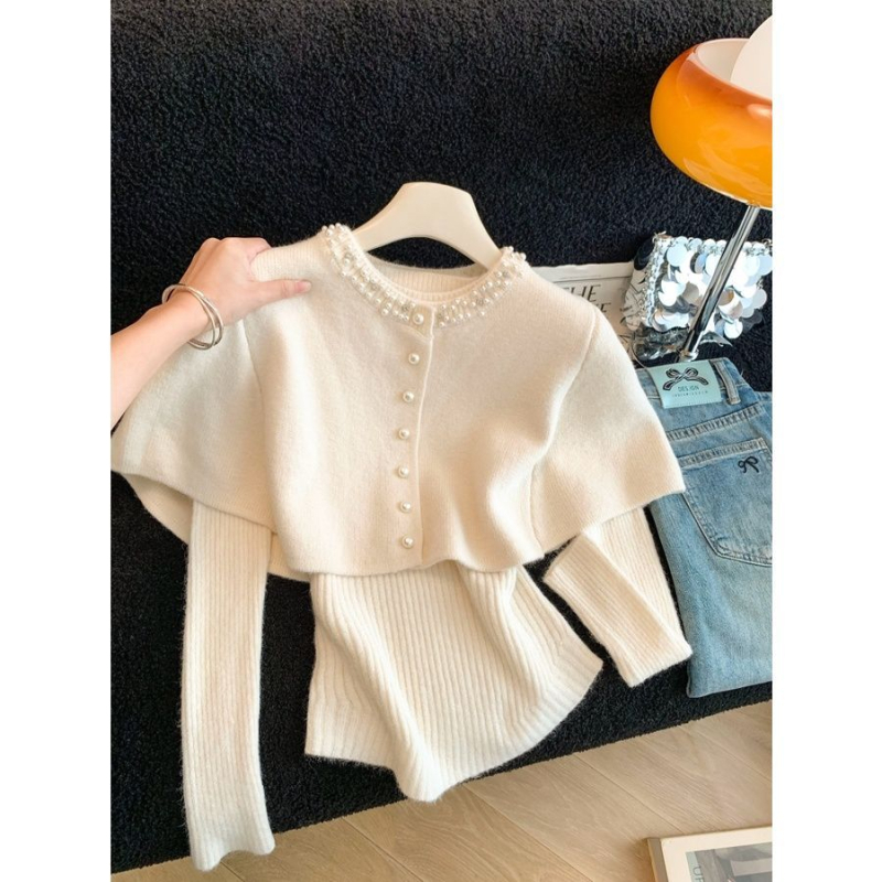 Top-set pleteni komplet — ovčja vuna, dugi rukavi, proljeće, zreli ženski stil