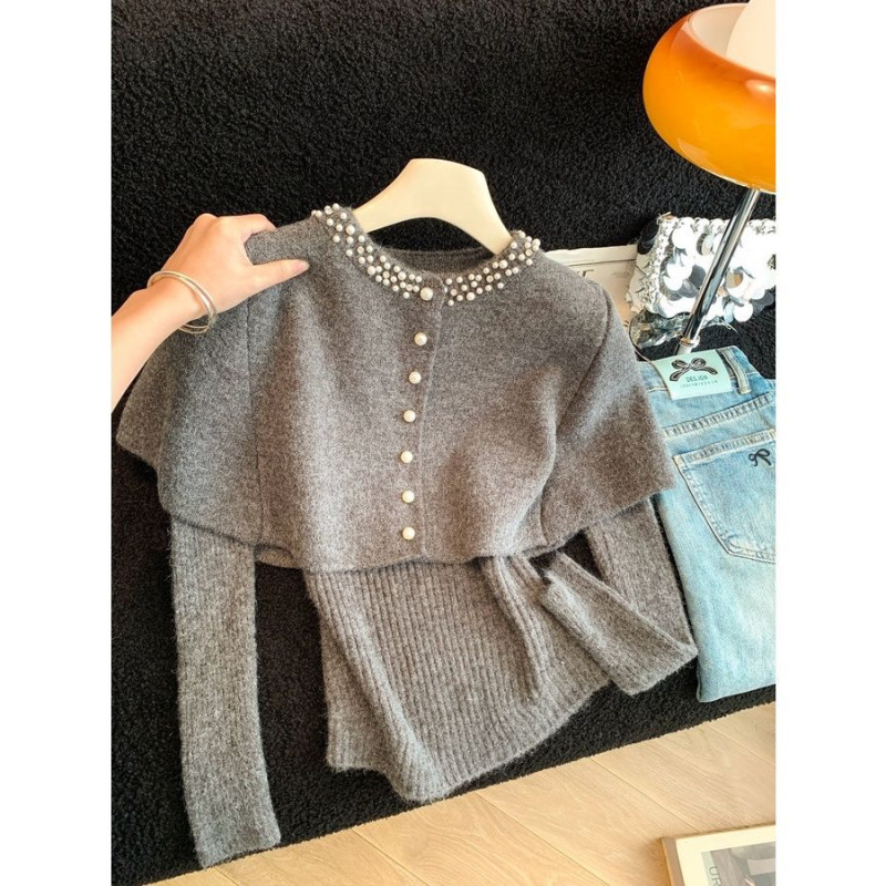 Top-set pleteni komplet — ovčja vuna, dugi rukavi, proljeće, zreli ženski stil