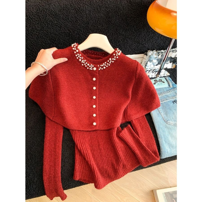 Top-set pleteni komplet — ovčja vuna, dugi rukavi, proljeće, zreli ženski stil