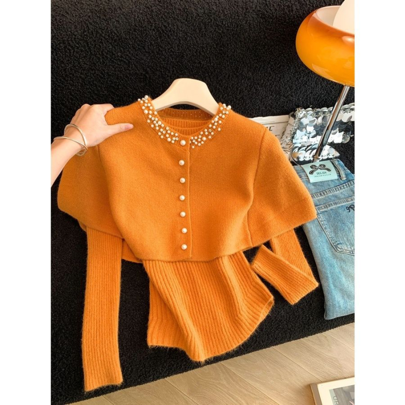 Top-set pleteni komplet — ovčja vuna, dugi rukavi, proljeće, zreli ženski stil