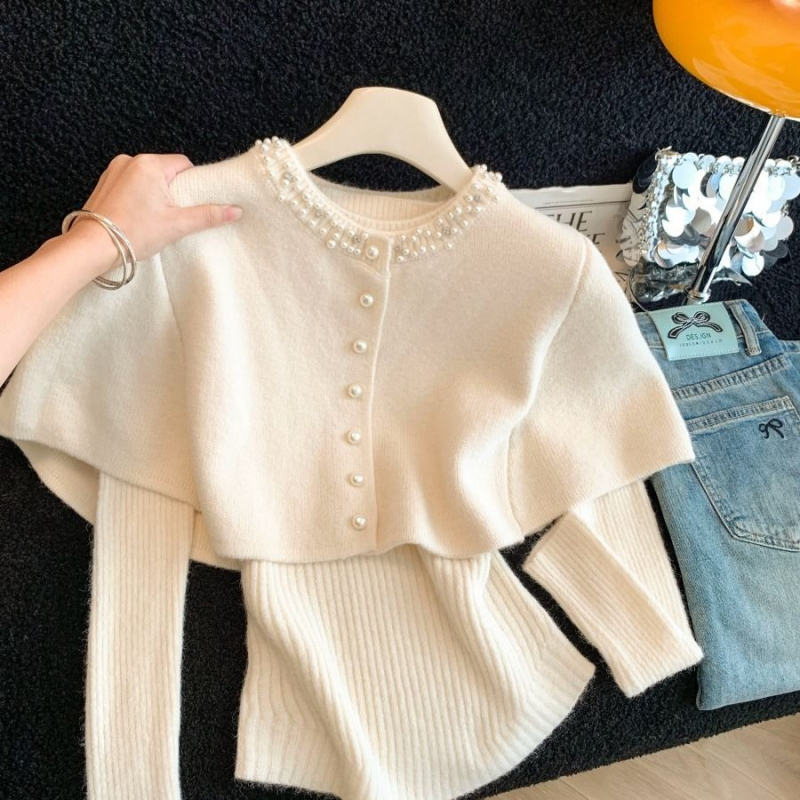 Top-set pleteni komplet — ovčja vuna, dugi rukavi, proljeće, zreli ženski stil