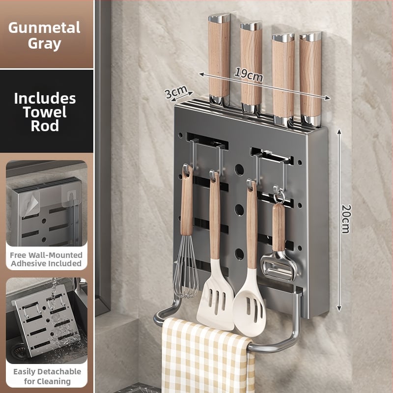 Επιτοίχιος πολυλειτουργικός κρατήρας μαχαιριών και εργαλείων κουζίνας με ενσωματωμένη θήκη για ξυλάκια, από ABS υλικό