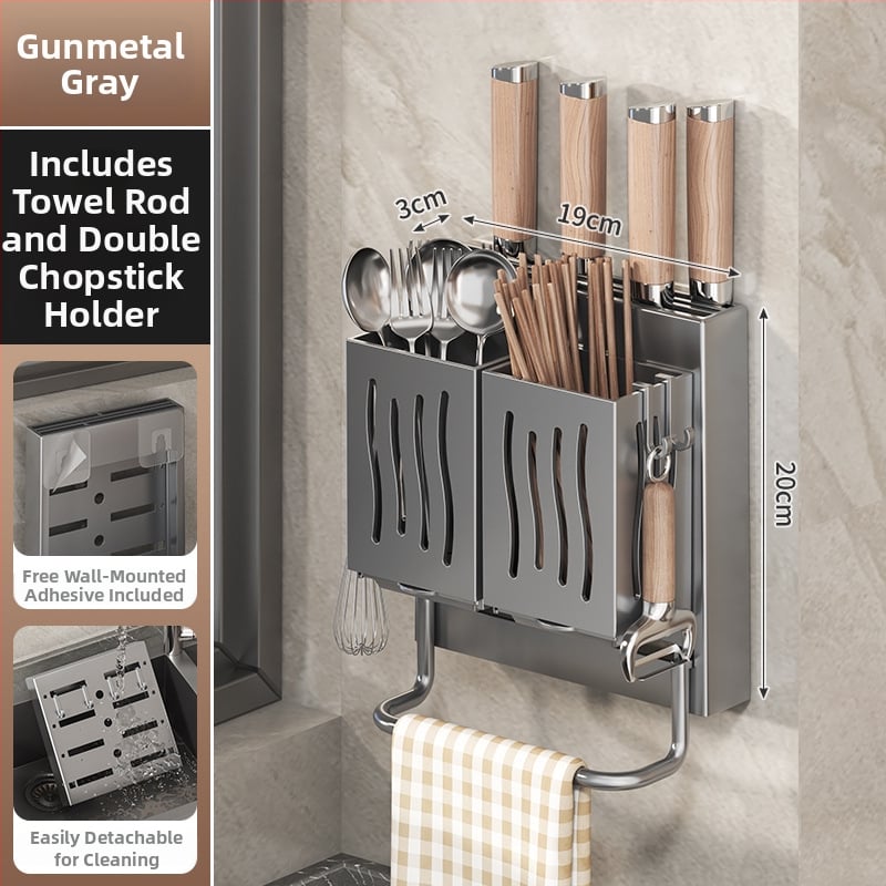 Επιτοίχιος πολυλειτουργικός κρατήρας μαχαιριών και εργαλείων κουζίνας με ενσωματωμένη θήκη για ξυλάκια, από ABS υλικό