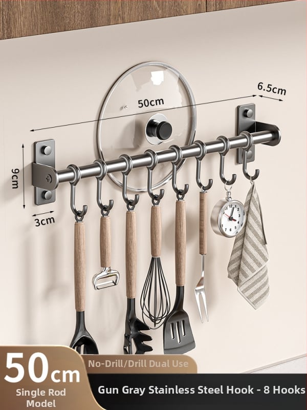 Οργανωτής κουζίνας τοίχου από ανοξείδωτο ατσάλι — κινητός, χωρίς εγκατάσταση; θήκη για κουτάλες, σκεύη και μαχαίρια; αποθήκευση καπακιών κατσαρόλας; στυλ: μοντέρνος μινιμαλισμός; προέλευση: Τσαοζού