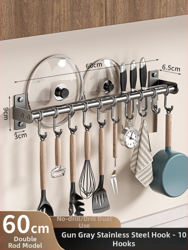 Οργανωτής κουζίνας τοίχου από ανοξείδωτο ατσάλι — κινητός, χωρίς εγκατάσταση; θήκη για κουτάλες, σκεύη και μαχαίρια; αποθήκευση καπακιών κατσαρόλας; στυλ: μοντέρνος μινιμαλισμός; προέλευση: Τσαοζού