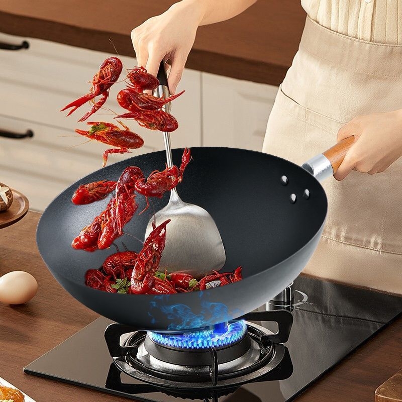 Wok od pročišćenog željeza bez premaza, model KA72108, s jednim dnom, poklopac od nehrđajućeg čelika sa staklom, pogodan za sve ploče