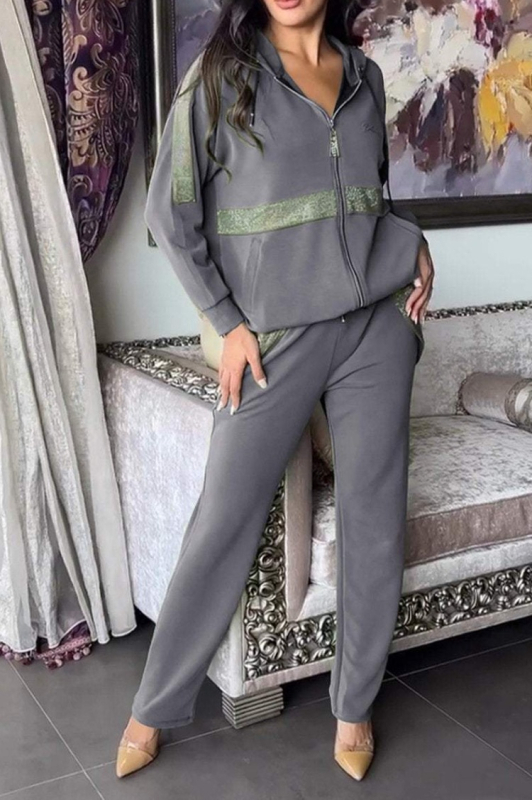 Damski dvodjelni set: džemper sa zipom i hlače sa vezanjem, jednobojni poliester, casual stil, jesen 2024