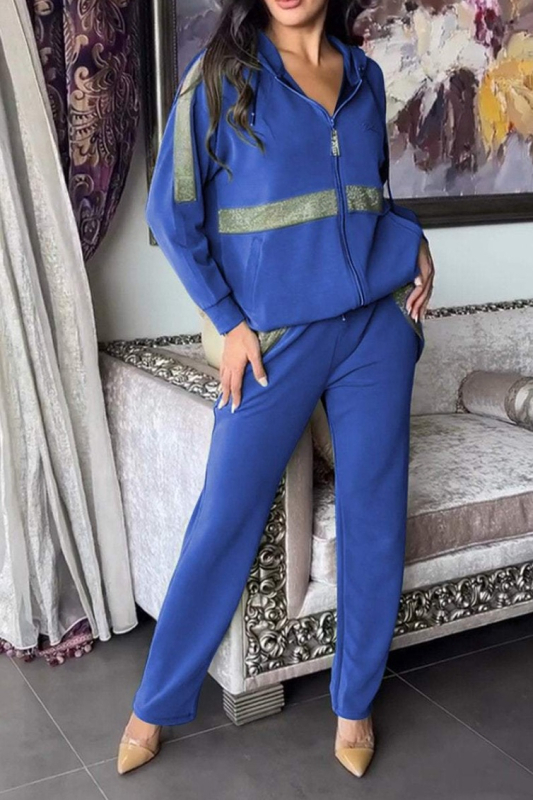 Damski dvodjelni set: džemper sa zipom i hlače sa vezanjem, jednobojni poliester, casual stil, jesen 2024