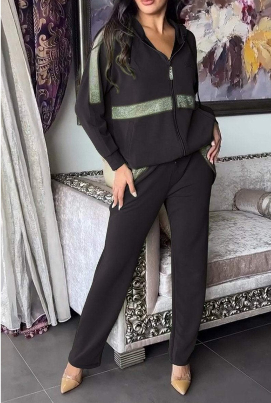 Damski dvodjelni set: džemper sa zipom i hlače sa vezanjem, jednobojni poliester, casual stil, jesen 2024