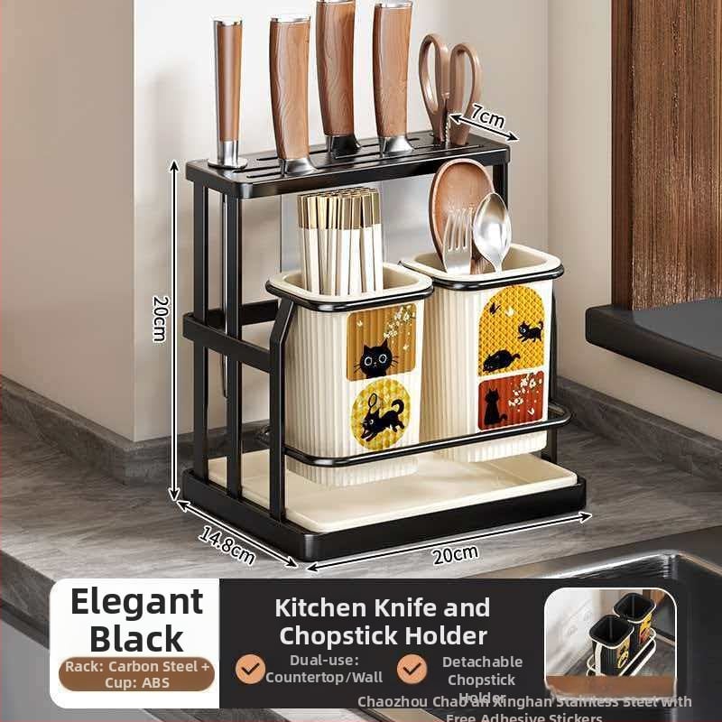 Οργανωτής κουζίνας σε στυλ μεσαιωνικό, πλαστικός με θήκη μαχαιριών και κάδο για chopsticks, πολυχρηστικός ράφι για επιφάνεια ή τοίχο με αποστράγγιση