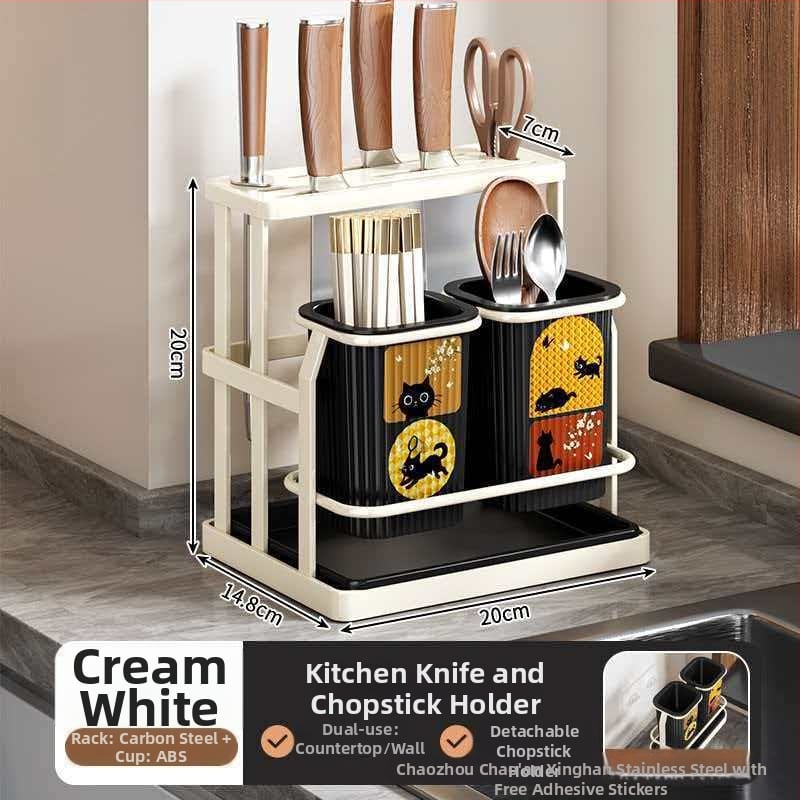 Οργανωτής κουζίνας σε στυλ μεσαιωνικό, πλαστικός με θήκη μαχαιριών και κάδο για chopsticks, πολυχρηστικός ράφι για επιφάνεια ή τοίχο με αποστράγγιση