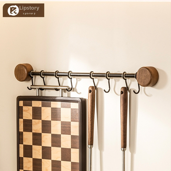 Ράφι κουζίνας τοίχου από ξύλο καρυδιάς, χωρίς διάτρηση, με κρεμάστρα για σπατουλιές και κουτάλια, πολυλειτουργική αποθήκευση