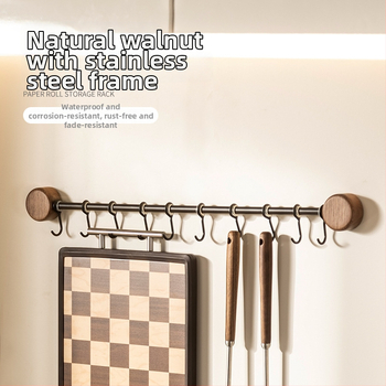 Ράφι κουζίνας τοίχου από ξύλο καρυδιάς, χωρίς διάτρηση, με κρεμάστρα για σπατουλιές και κουτάλια, πολυλειτουργική αποθήκευση