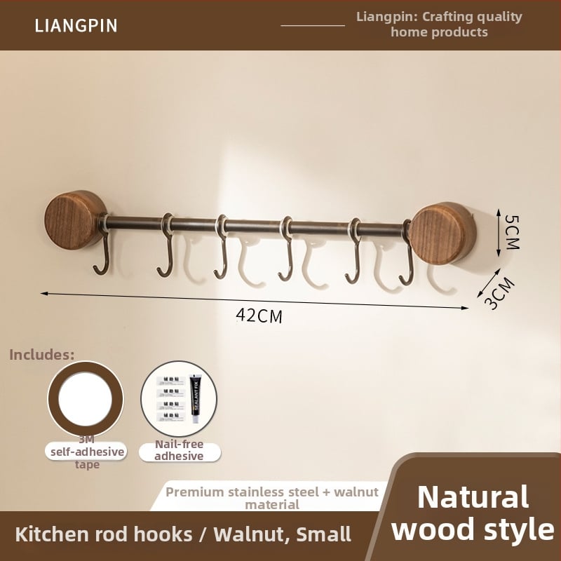 Ράφι κουζίνας τοίχου από ξύλο καρυδιάς, χωρίς διάτρηση, με κρεμάστρα για σπατουλιές και κουτάλια, πολυλειτουργική αποθήκευση