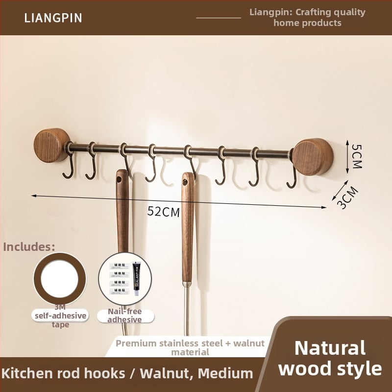 Ράφι κουζίνας τοίχου από ξύλο καρυδιάς, χωρίς διάτρηση, με κρεμάστρα για σπατουλιές και κουτάλια, πολυλειτουργική αποθήκευση