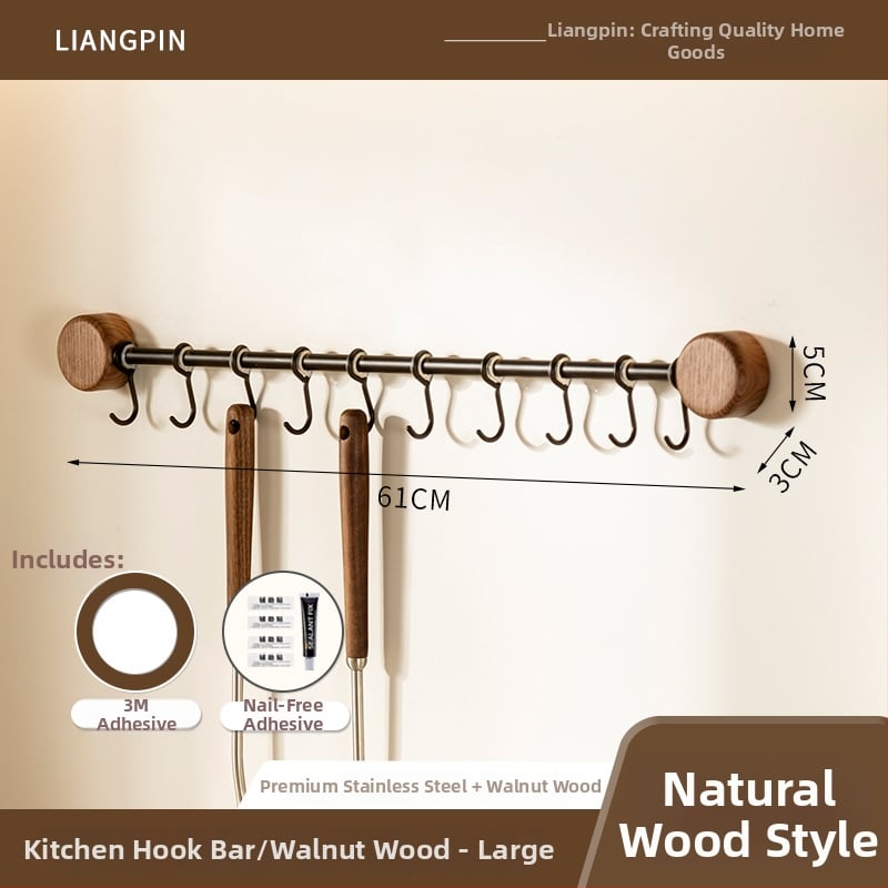 Ράφι κουζίνας τοίχου από ξύλο καρυδιάς, χωρίς διάτρηση, με κρεμάστρα για σπατουλιές και κουτάλια, πολυλειτουργική αποθήκευση