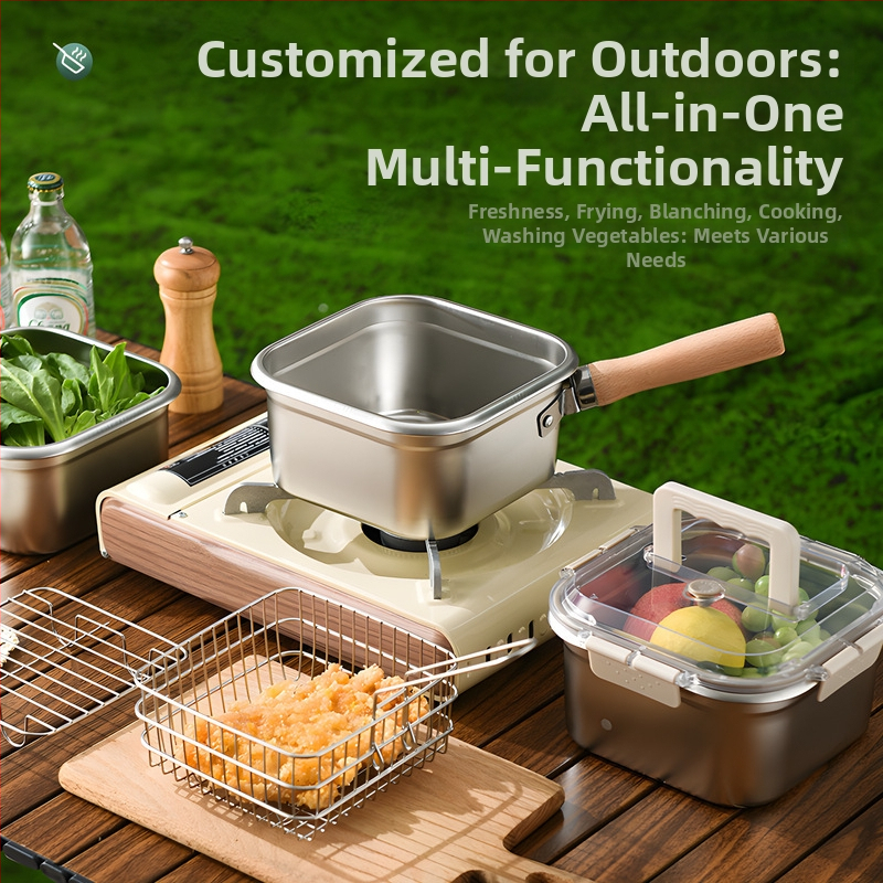 Štvorcový hlboký hrniec z nehrdzavejúcej ocele + PP, viacfunkčný: fritovanie, parenie a udržiavanie čerstvosti, PP veko, hĺbka 11,5 cm