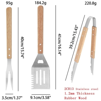 Három darabos rozsdamentes acél grill eszköz készlet: klip, villa, lapát; csomagolás 6 db