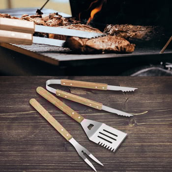 Három darabos rozsdamentes acél grill eszköz készlet: klip, villa, lapát; csomagolás 6 db
