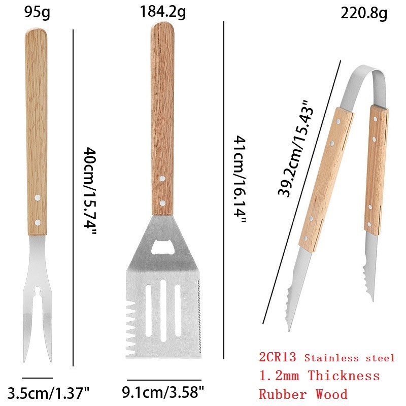 Három darabos rozsdamentes acél grill eszköz készlet: klip, villa, lapát; csomagolás 6 db