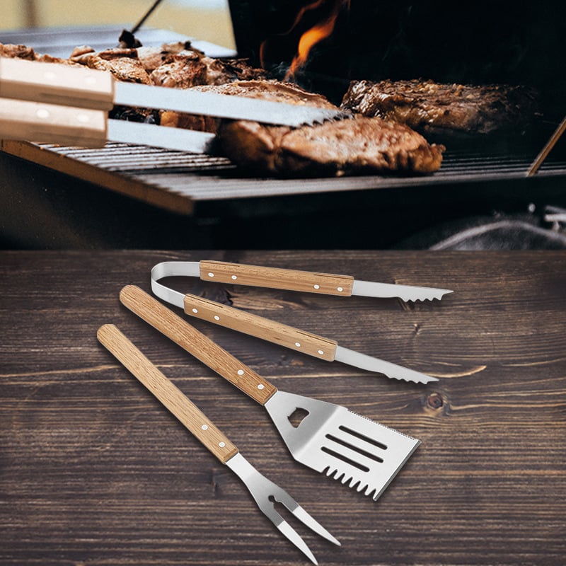 Három darabos rozsdamentes acél grill eszköz készlet: klip, villa, lapát; csomagolás 6 db