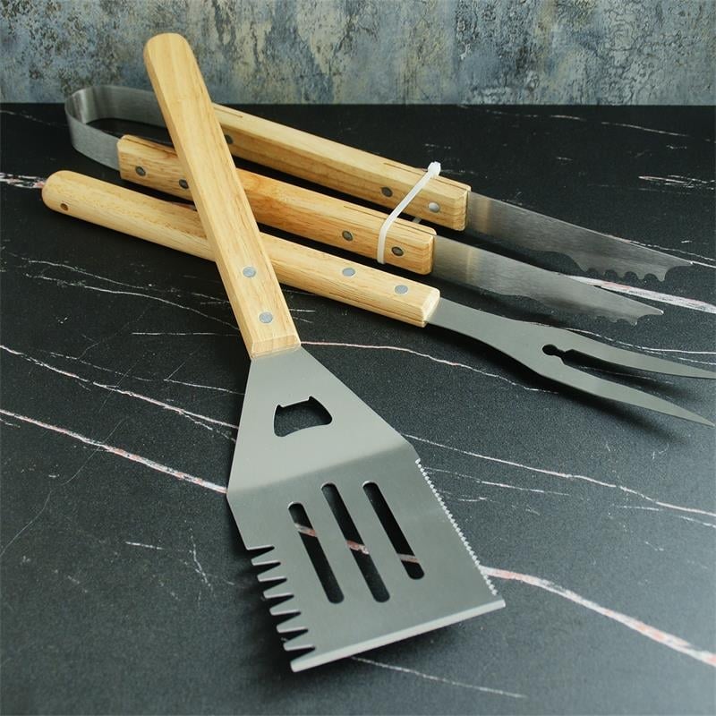 Három darabos rozsdamentes acél grill eszköz készlet: klip, villa, lapát; csomagolás 6 db