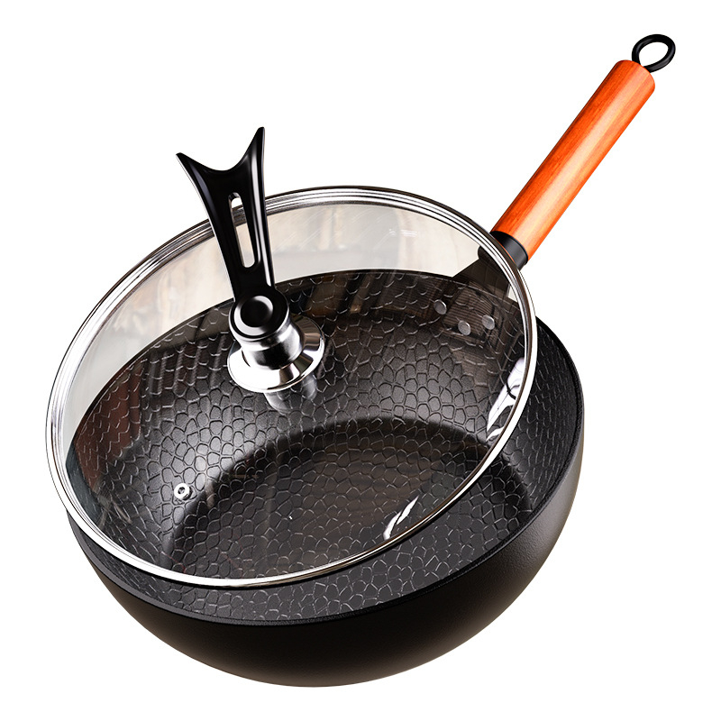 Wok kalapácsos mintázatú, kovácsolt vas, bevonat nélkül, indukciós és gáztűzhely-kompatibilis, fedél rozsdamentes acélból üveggel