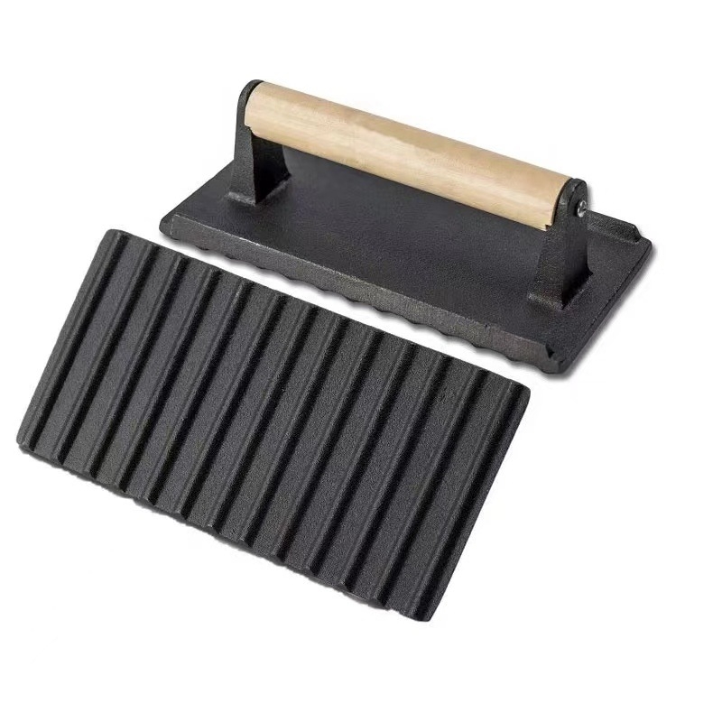 Placă de presat carne din fontă – construcție îngroșată, dreptunghiulară sau circulară, pentru burgeri și fripturi la grătar