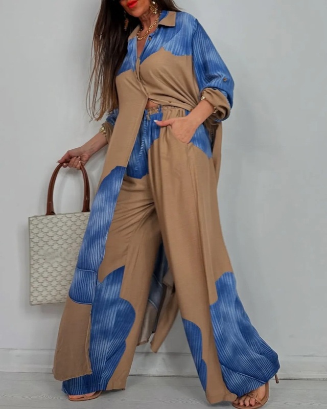 Ženski dvodijelni set: top s kardiganom i dugačke hlače, 3D uzorak, poliester, proljeće 2025, casual elegantan stil