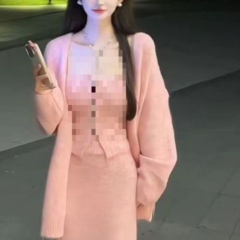 Set de costum trei piese pentru femei: cardigan cu mâneci lungi și fustă mini, material poliester, țesătură vopsită în fire, colecție iarnă 2025