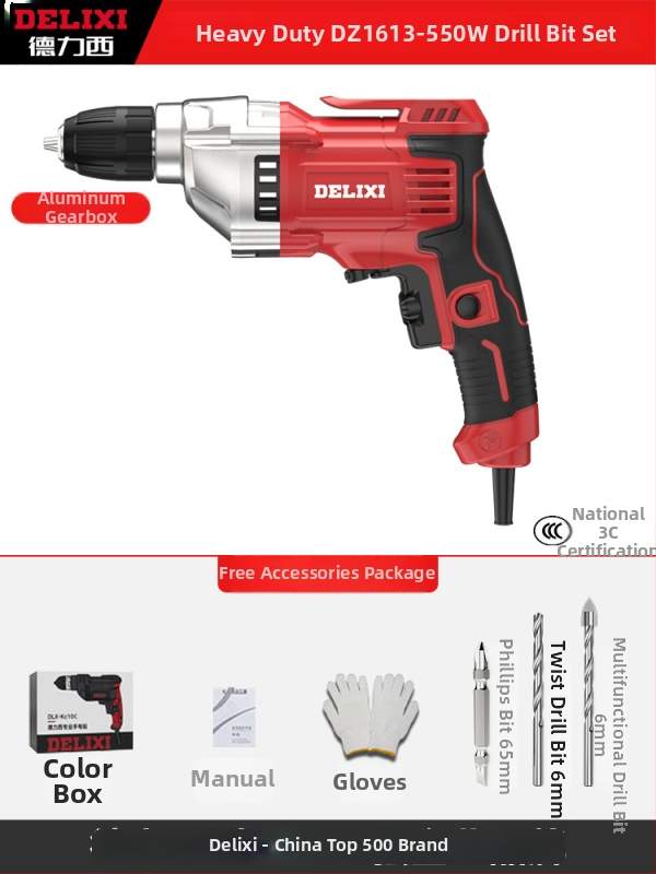 Elektrická ručná vŕtačka – kefový motor, Li‑ion batéria, rýchloupínacia skľučovadlo, vŕtanie do dreva a kompozitov, dopredu/dozadu