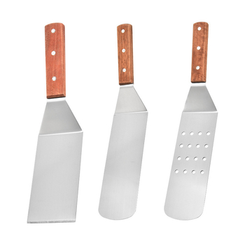 Set de 3 spatule din oțel inoxidabil cu mânere din lemn — anti-aderent, rezistente la temperaturi înalte, protecție împotriva arsurilor