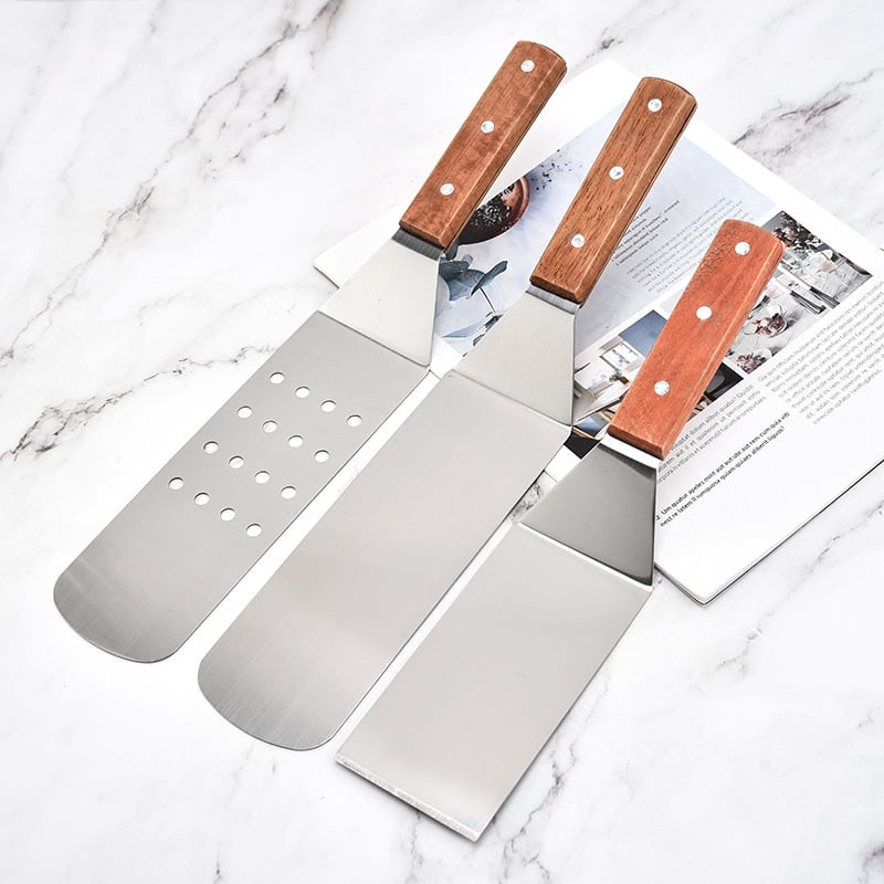 Set de 3 spatule din oțel inoxidabil cu mânere din lemn — anti-aderent, rezistente la temperaturi înalte, protecție împotriva arsurilor