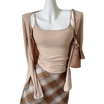 Set casual din două piese pentru femei: top cu bretele și cardigan deschis, amestec bumbac-spandex, mâneci lungi, primăvara 2026