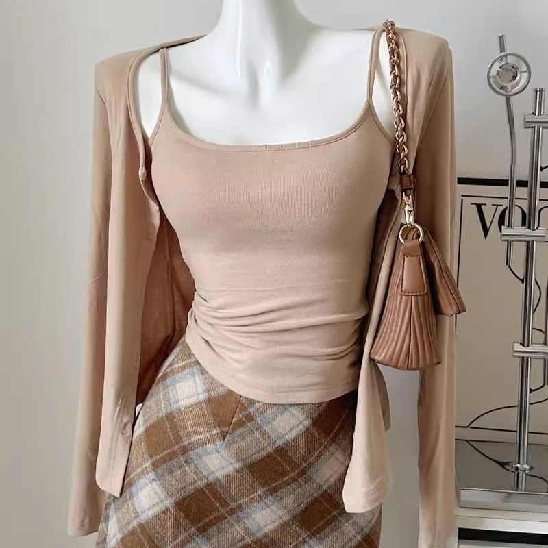 Set casual din două piese pentru femei: top cu bretele și cardigan deschis, amestec bumbac-spandex, mâneci lungi, primăvara 2026