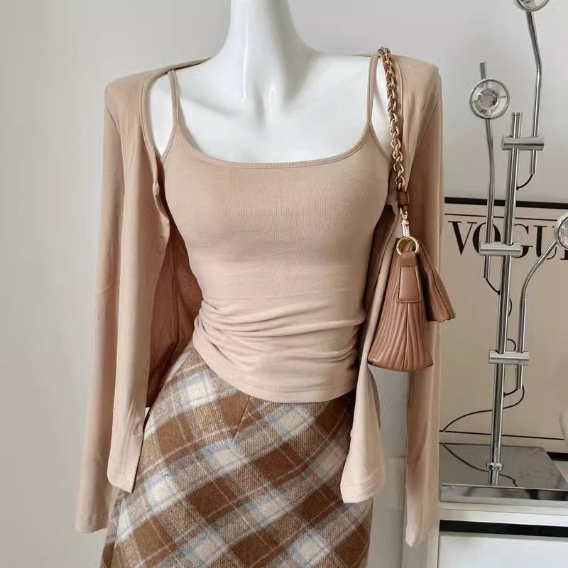 Set casual din două piese pentru femei: top cu bretele și cardigan deschis, amestec bumbac-spandex, mâneci lungi, primăvara 2026