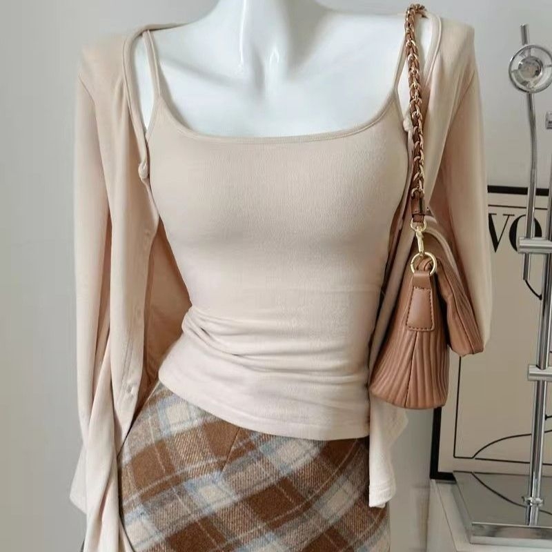 Set casual din două piese pentru femei: top cu bretele și cardigan deschis, amestec bumbac-spandex, mâneci lungi, primăvara 2026