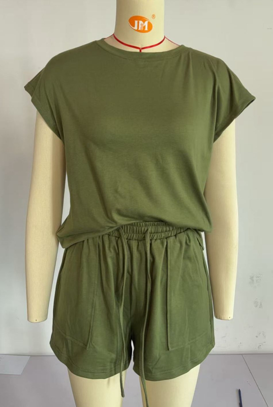 Set casual din două piese pentru femei: top T cu guler rotund și șorturi, uni, amestec bumbac-poliester