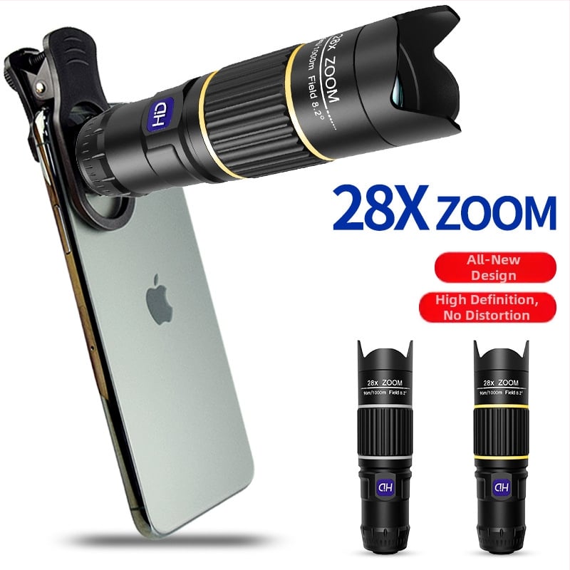 28x мобилен телефонен телеобектив за концерти — клип-обектив, висока разделителна способност, без изкривявания, без винетки, съвместим с повечето смартфони