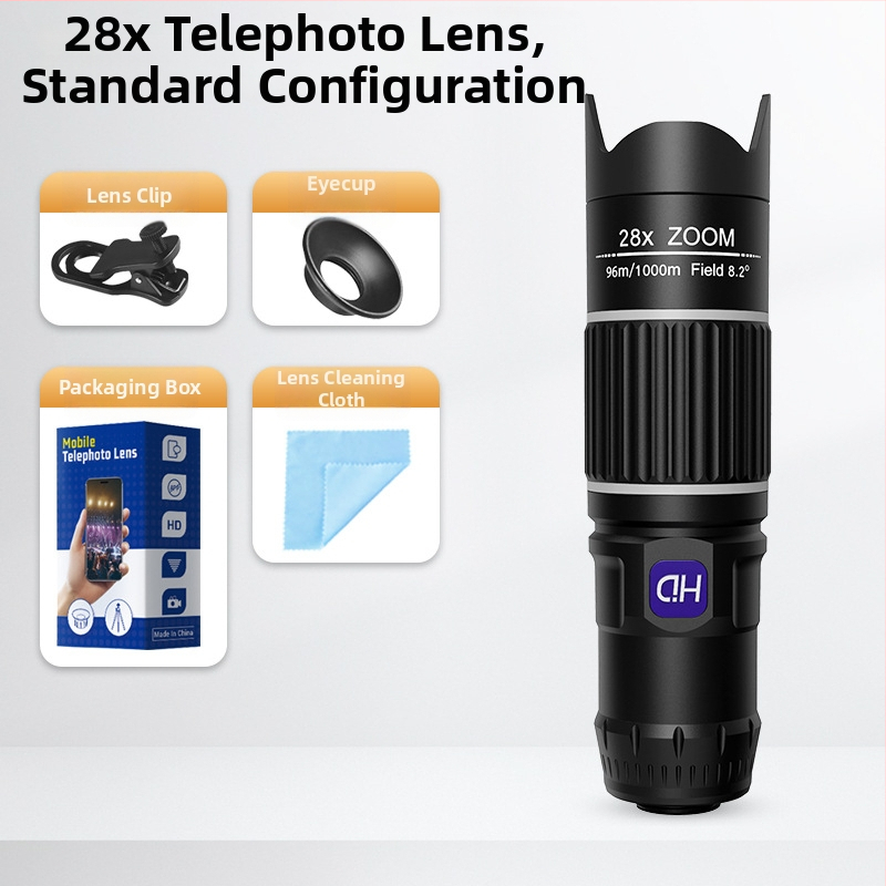 28x мобилен телефонен телеобектив за концерти — клип-обектив, висока разделителна способност, без изкривявания, без винетки, съвместим с повечето смартфони