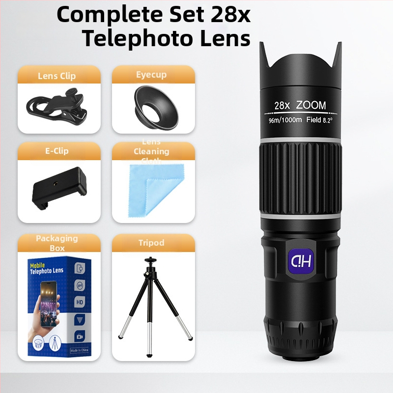 28x мобилен телефонен телеобектив за концерти — клип-обектив, висока разделителна способност, без изкривявания, без винетки, съвместим с повечето смартфони
