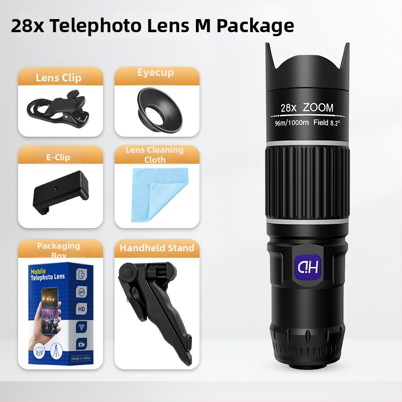 28x мобилен телефонен телеобектив за концерти — клип-обектив, висока разделителна способност, без изкривявания, без винетки, съвместим с повечето смартфони