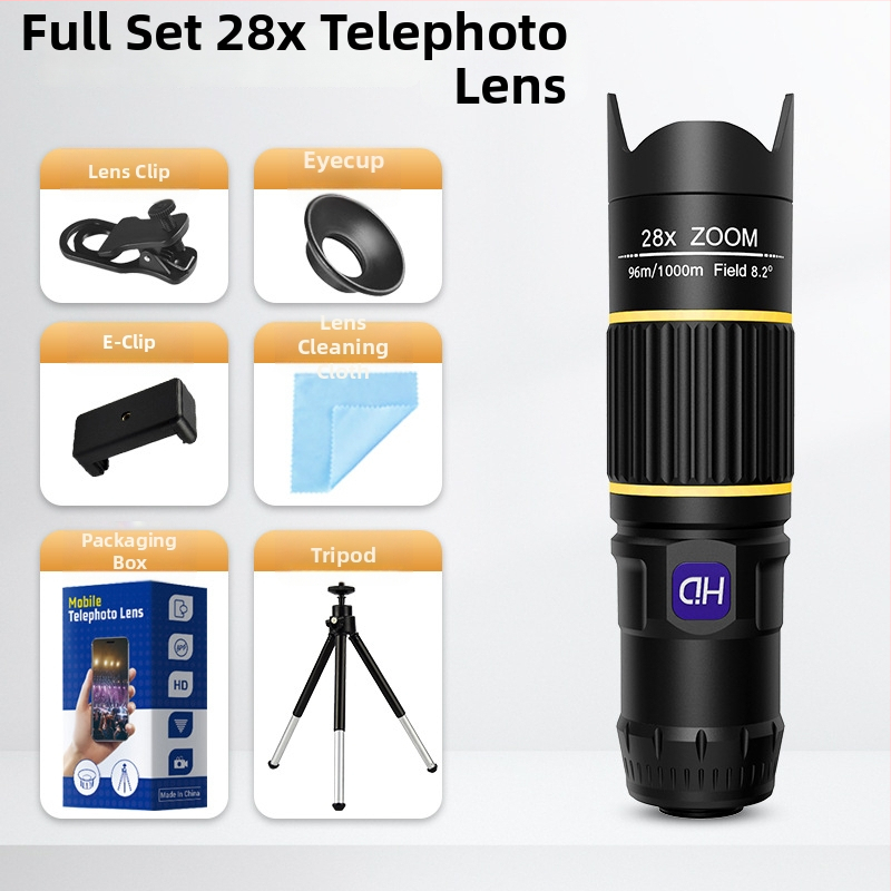 28x мобилен телефонен телеобектив за концерти — клип-обектив, висока разделителна способност, без изкривявания, без винетки, съвместим с повечето смартфони