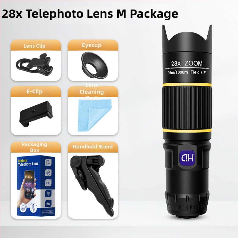 28x мобилен телефонен телеобектив за концерти — клип-обектив, висока разделителна способност, без изкривявания, без винетки, съвместим с повечето смартфони