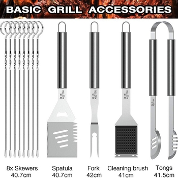 Samik 5-dijelni set BBQ alata: nož, četka, vilica, znak, lopata; suvremeni minimalistički stil; licencirana privatna marka