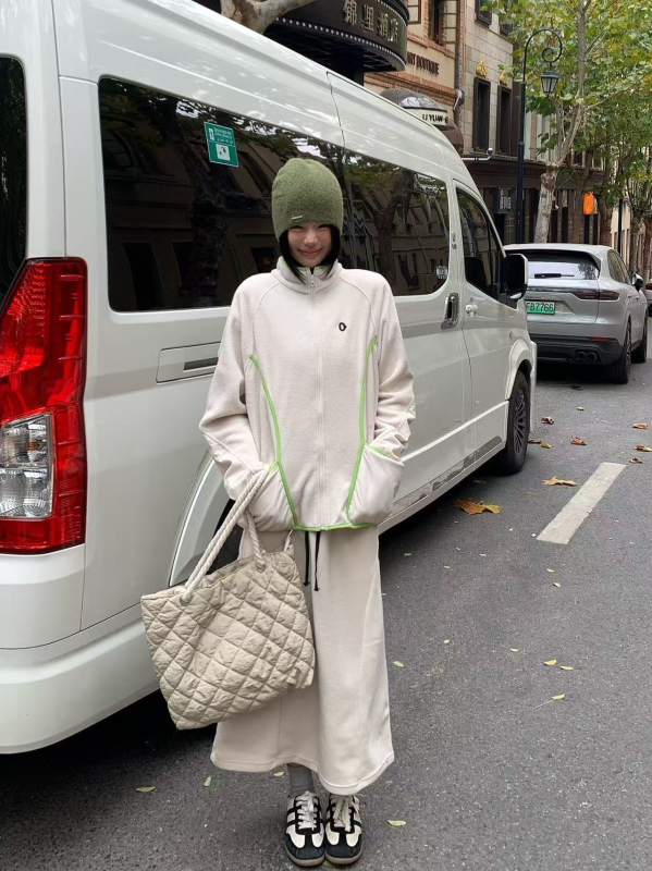 Ženski zimski set: flis kardigan i suknja s izvezenim motivom, japanski stil