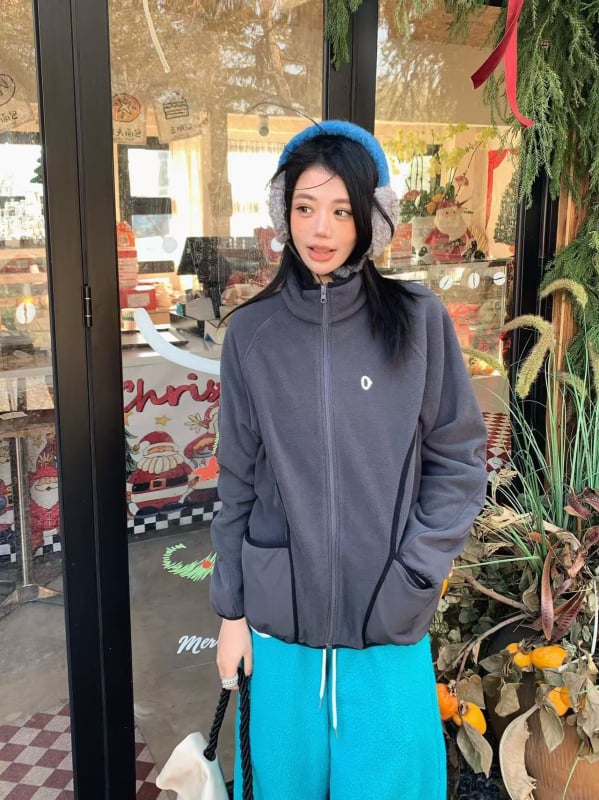 Ženski zimski set: flis kardigan i suknja s izvezenim motivom, japanski stil