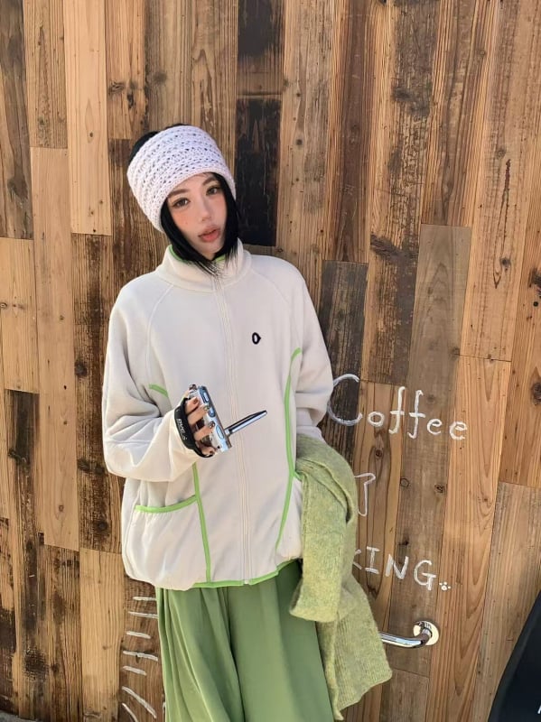Ženski zimski set: flis kardigan i suknja s izvezenim motivom, japanski stil